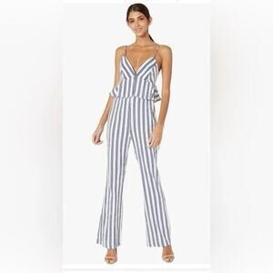 BCBGeneration Striped V Neck Peplum Bell Bottom Jumpsuit White Blue Size 2